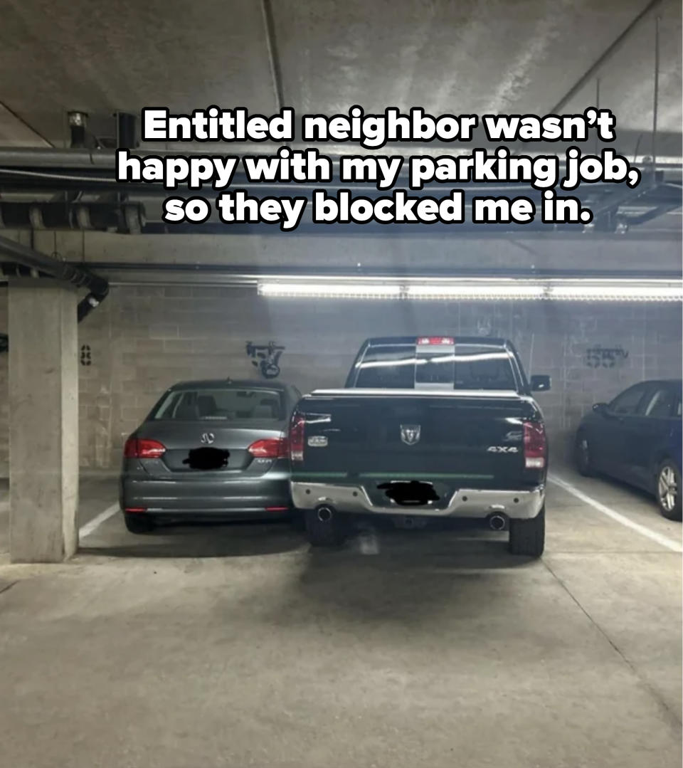 a truck blocking a car in their spot