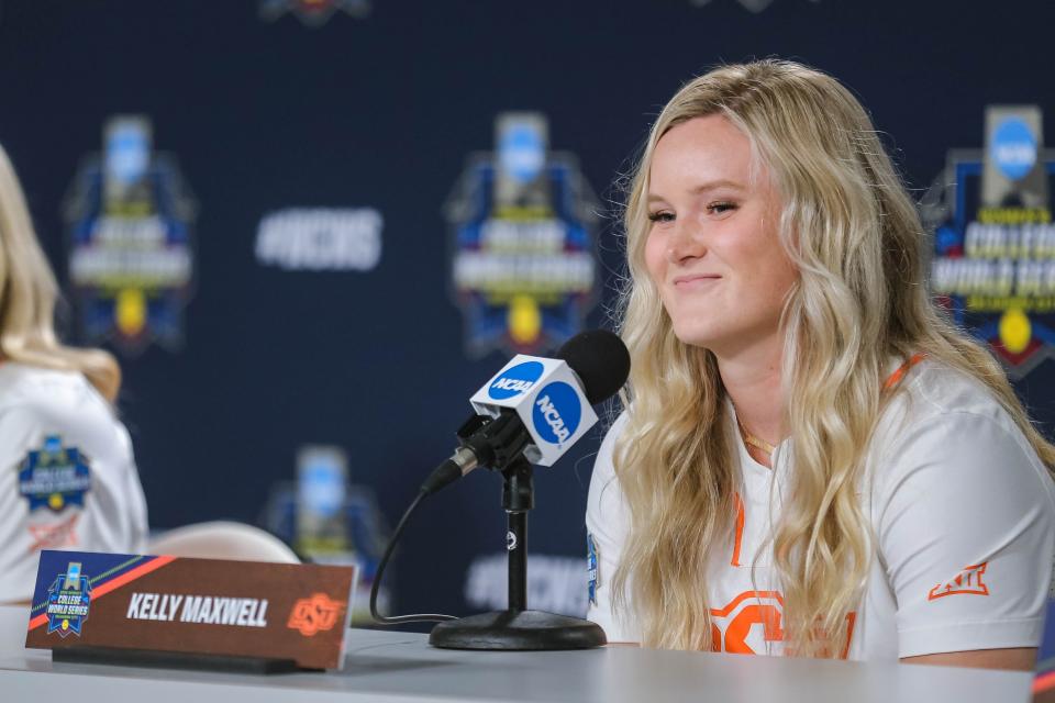 Oklahoma State pitcher Kelly Maxwell answers questions during a press conference Wednesday at USA Softball Hall of Fame Stadium.