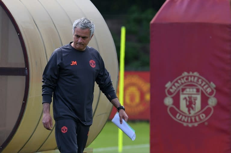 Manchester United's Jose Mourinho arrives to attend a team training session at the club's training complex near Carrington, on May 23, 2017