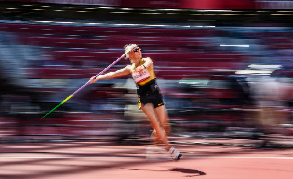 <p>Carolin Schafer of Team Germany competes in the Women's Heptathlon Javelin Throw on day thirteen of the Tokyo 2020 Olympic Games at Olympic Stadium on August 05, 2021 in Tokyo, Japan. (Photo by Matthias Hangst/Getty Images)</p> 