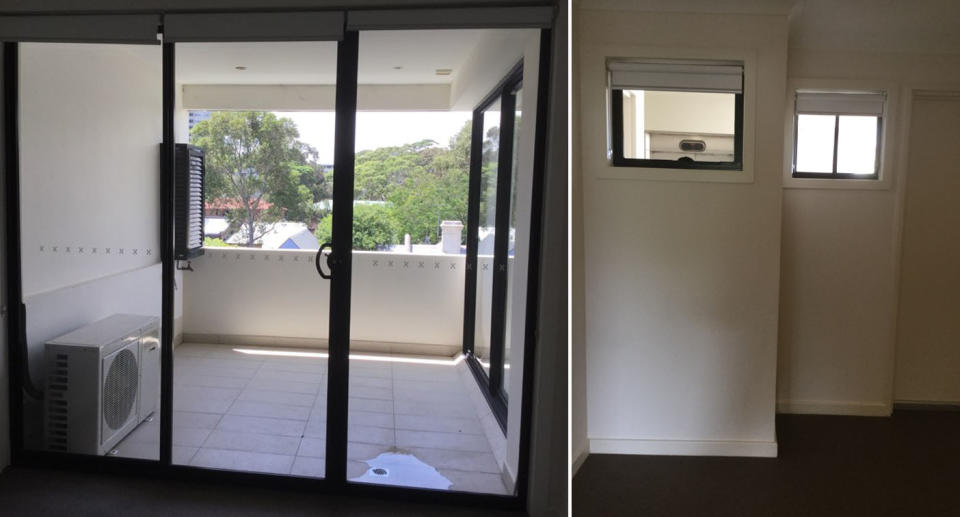 Eastside Reality shared photos of the main bedroom facing the balcony (left) and the second bedroom (right) and denied claims one was windowless. Source: Supplied

