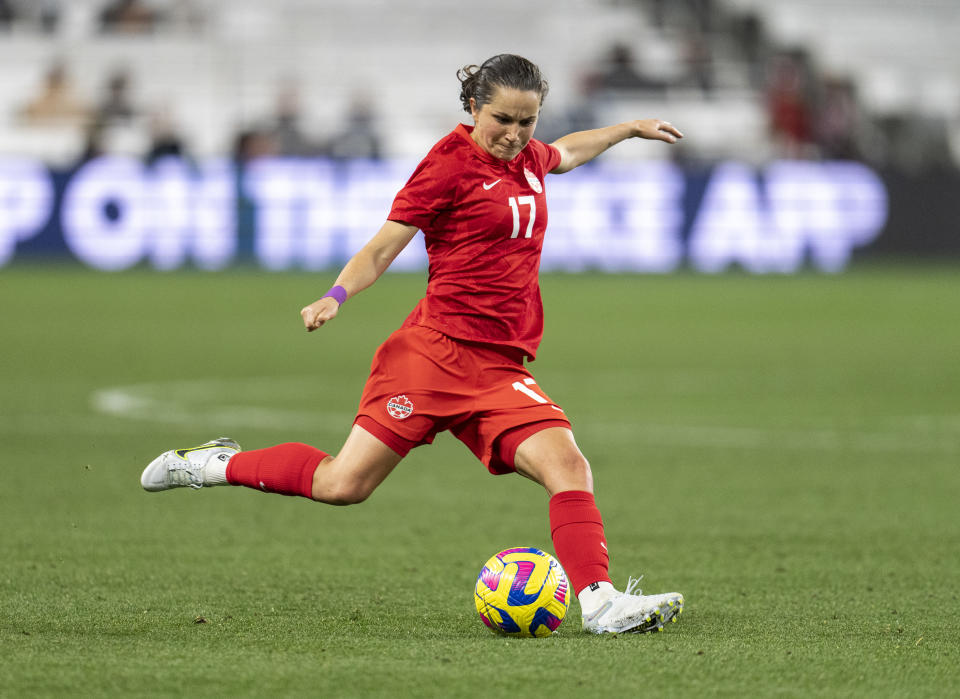 NASHVILLE, TN - FEBRUARY 19: Jessie Fleming #17 of Canada takes a shot during a game between Canada and Brazil at GEODIS Park on February 19, 2023 in Nashville, Tennessee. (Photo by Brad Smith/ISI Photos/Getty Images)