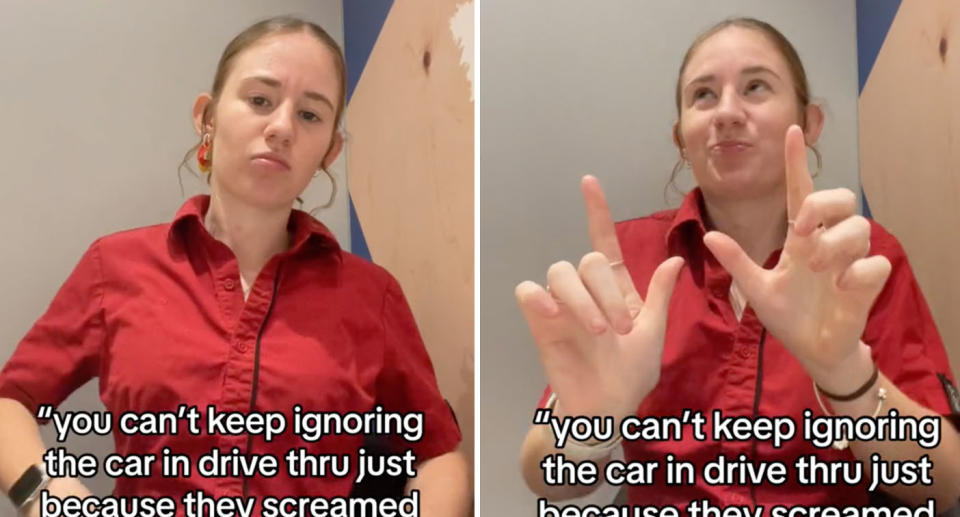 Two photos of a young McDonals’s worker from Perth who has shared a customer habit in the drive-thru that will supposedly make her ignore them.
