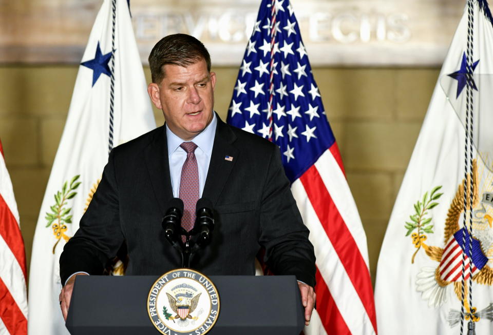 U.S. Secretary of Labor Marty Walsh speaks during a visit with Vice President Kamala Harris to Plumbers and Pipefitters Local 189 union as part of a trip to promote the infrastructure plan in Columbus, Ohio, U.S. November 19, 2021. REUTERS/Gaelen Morse