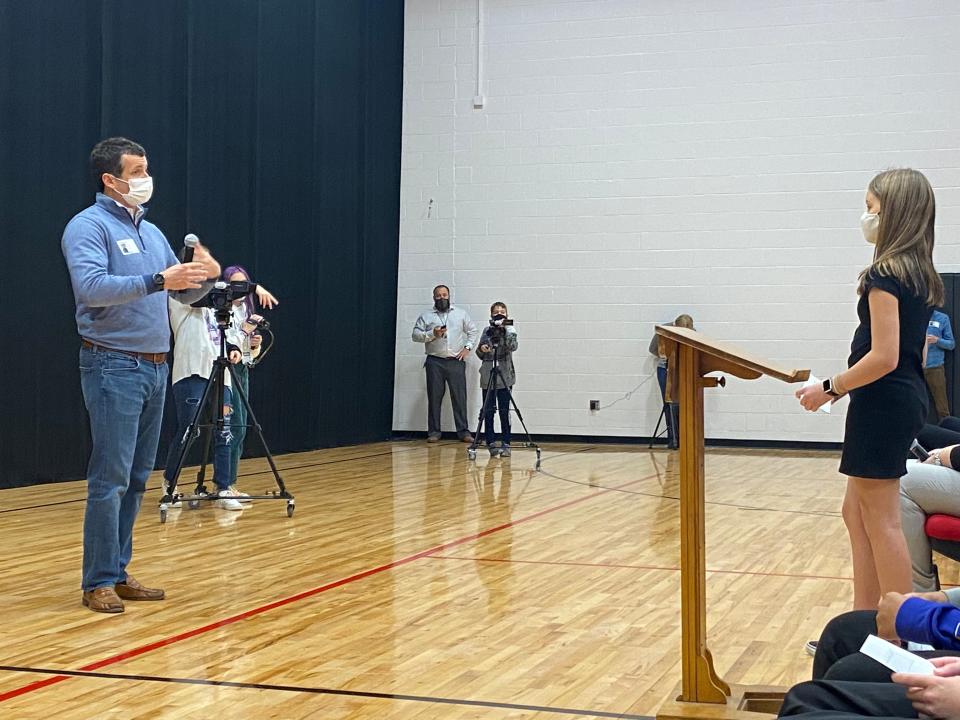 U.S. Rep. Trey Hollingsworth answers a question Friday from an Edgewood Junior High School student.