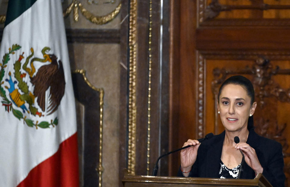 Mexico City Mayor Claudia Sheinbaum speaks during a press conference with John and Gabriel Shipton (not depicted), father and brother of WikiLeaks founder Julian Assange, who is accused of espionage by the US, in Mexico City on September 14, 2022. - Nearly two months ago, Mexican President Andres Manuel Lopez Obrador renewed an offer of asylum for Assange, who is fighting extradition by Britain to the United States, where he could face decades in jail for allegedly violating the US Espionage Act. Assange could face up to 175 years in jail if found guilty of violating the US Espionage Act by publishing military and diplomatic files in 2010 related to the Afghanistan and Iraq wars. (Photo by ALFREDO ESTRELLA / AFP) (Photo by ALFREDO ESTRELLA/AFP via Getty Images)