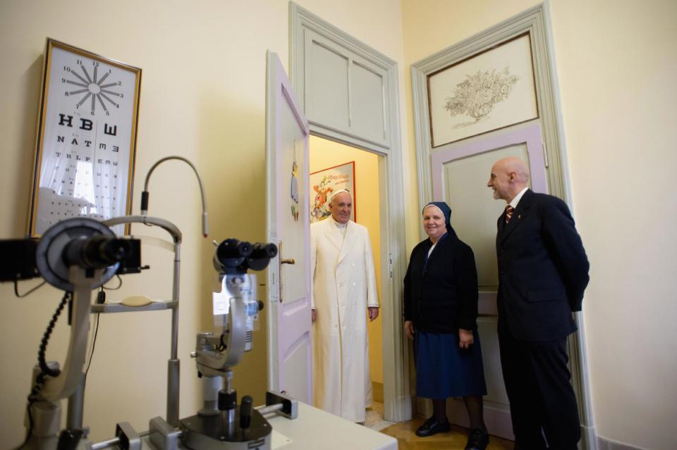 Pope Francis looks on during a visit at the Pediatric Dispensary of Santa Marta at the Vatican