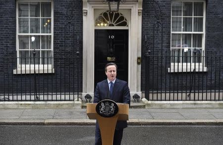 Britain's Prime Minister David Cameron speaks outside 10 Downing Street in London, Britain February 20, 2016. REUTERS/Toby Melville