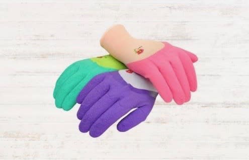 Three gardening gloves shown, one in green, one in purple, and one in pink