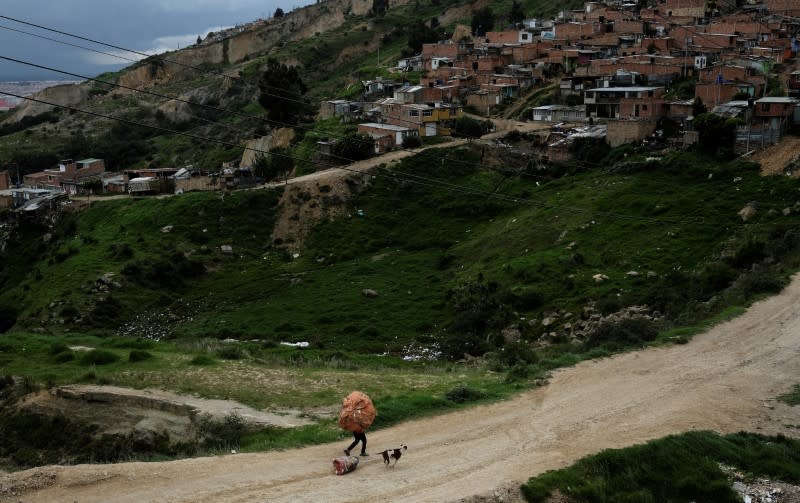 A man carries recycled material next to his dog, pulling a bag with recycled material with its mouth, in a slum in Soacha