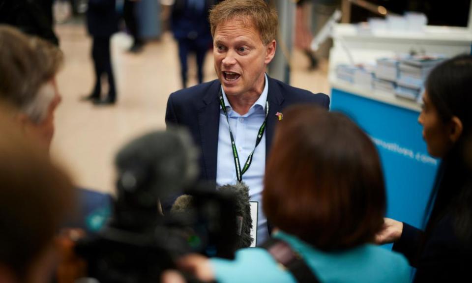 Grant Shapps talking to the media on day two of the Conservative party’s annual conference in Birmingham.