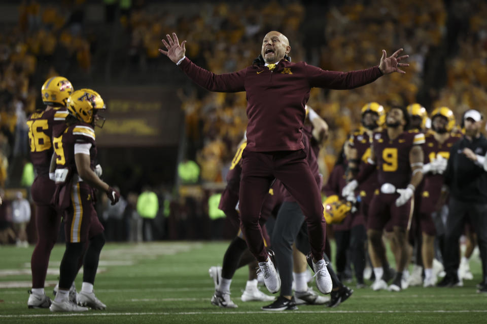 Minnesota head coach P.J. Fleck reacts to a referee's call during the second half of an NCAA college football game against Southern California, Saturday, Oct. 5, 2024, in Minneapolis. (AP Photo/Ellen Schmidt)