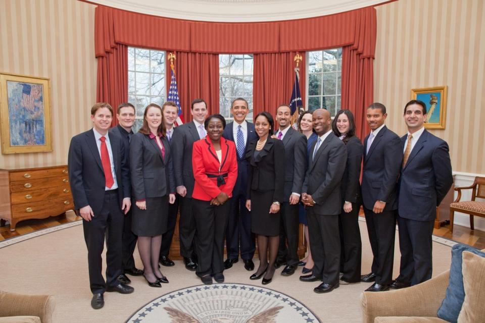 A 2011 picture of Tennessee native Samar Ali, third from right, with other White House Fellows and President Obama in the Oval Office at the White House