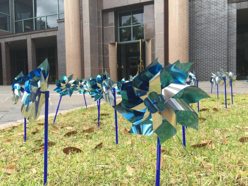 Pinwheels dot the front lawn of City Hall. The Pinwheels for Prevention campaign was started in April 2008 by Prevent Child Abuse America.