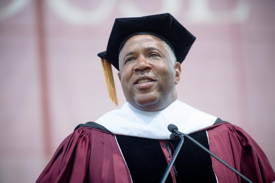 Robert F. Smith giving the commencement address at Morehouse College on May 19, 2019 in Atlanta, Georgia.