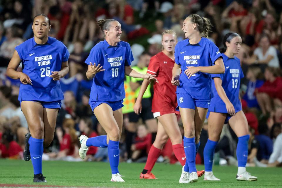 BYU celebrates a goal during the game against Utah at Ute Field in Salt Lake City on Saturday, Sept. 9, 2023.