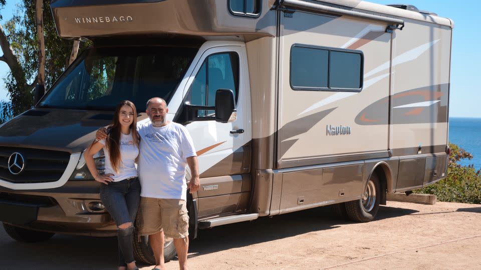 Nika Shneyder and her father and business partner, Alex Shneyder, standing by a Chill RV in Malibu RV Park, California, in 2019. - Courtesy Nika Shneyder