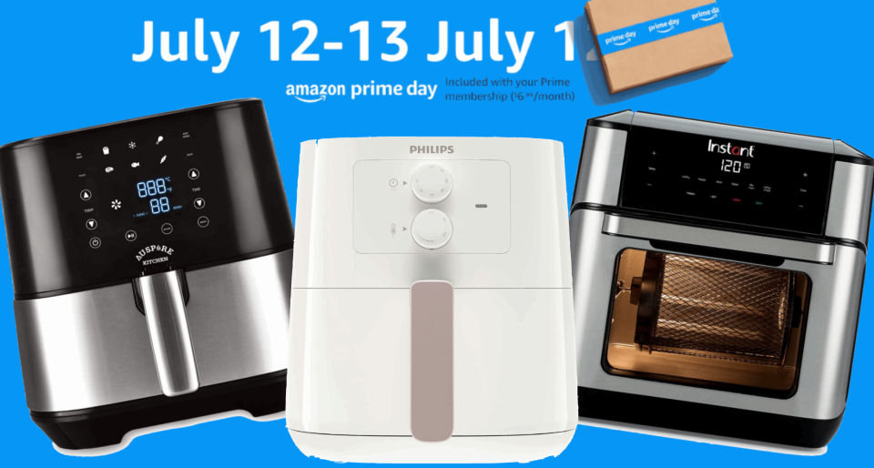 Three air fryers against a blue Amazon Prime Day background