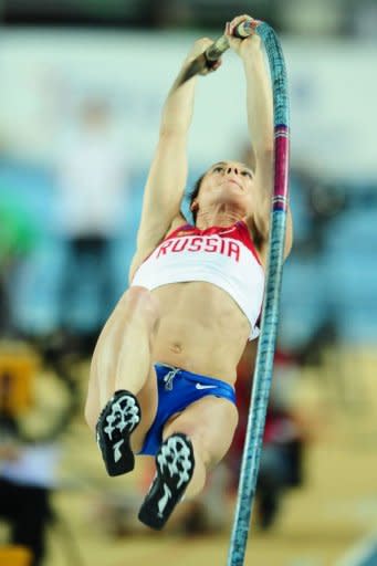 Russia's gold medal winner Yelena Isinbayeva competes during the women's pole vault final at the 2012 IAAF World Indoor Athletics Championships at the Atakoy Athletics Arena in Istanbul