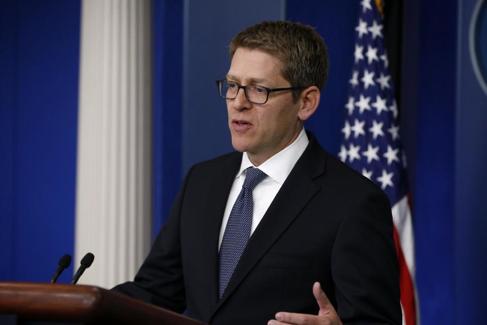 White House press secretary Jay Carney speaks to reporters at the daily press briefing, Friday, April 11, 2014, at the White House in Washington. The US, in a rare diplomatic rebuke, will not grant a visa to Tehran's pick for envoy to the United Nations, the Obama administration said Friday. "We've communicated with the Iranians at a number of levels and made clear our position on this _ and that includes our position that the selection was not viable," Carney said. "Our position is that we will not be issuing him a visa."(AP Photo/Charles Dharapak)