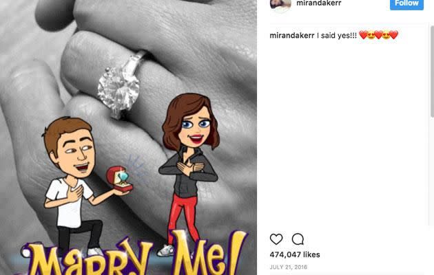 The model announced her engagement with Snapchat's bitmoji's. Source: Instagram