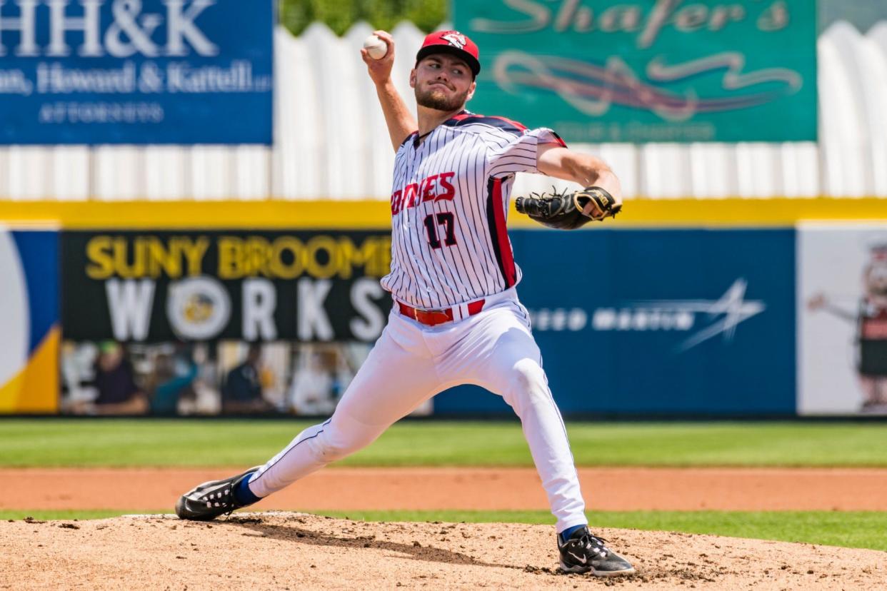 Christian Scott throws a pitch for the Binghamton Rumble Ponies during a game in the 2023 season.