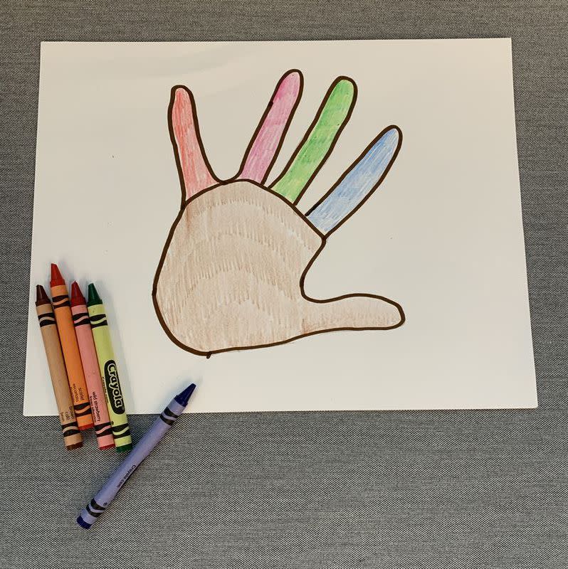 <p>Or don't! We traced our "turkey" in brown marker, then used crayons to have fun with the feathers. Blue? You betcha!</p>