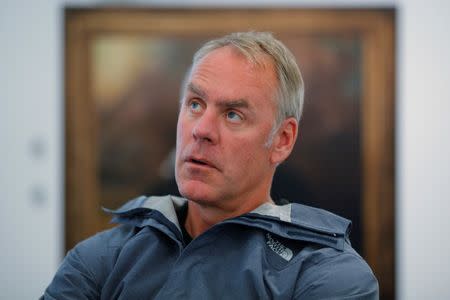 U.S. Interior Secretary Ryan Zinke is interviewed by Reuters, while traveling for his National Monuments Review process, in Boston, Massachusetts, U.S., June 16, 2017. Picture taken June 16, 2017. REUTERS/Brian Snyder