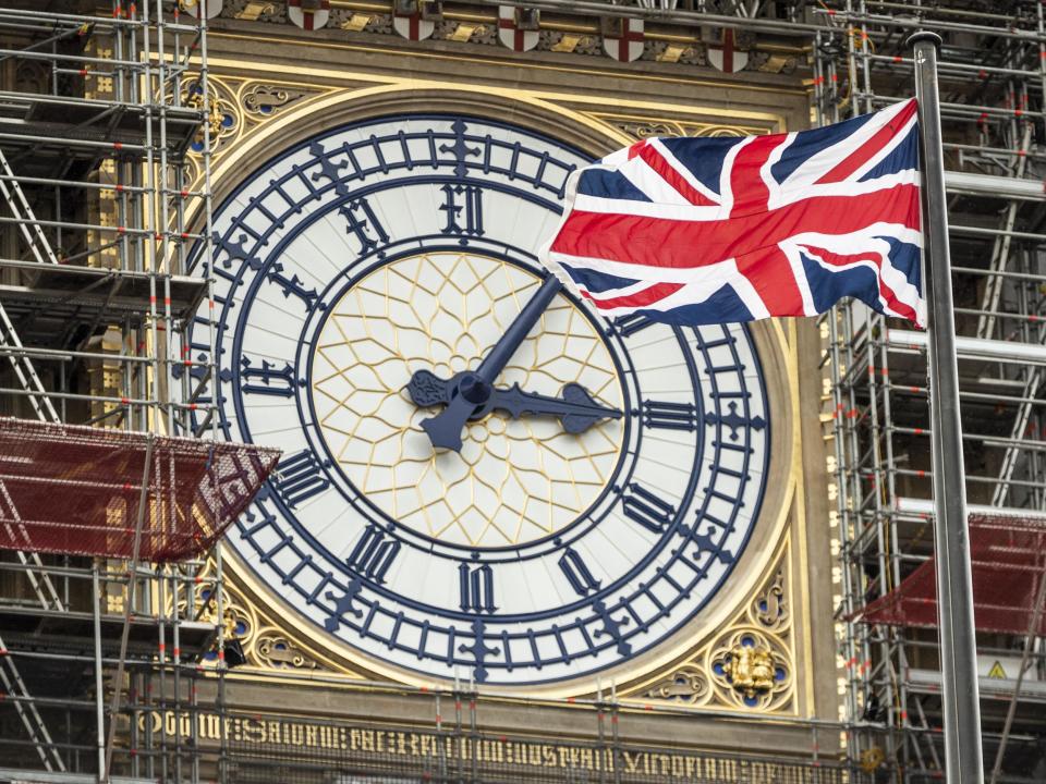 The Union flag flies in front of the Clock face on the Queen Elizabeth Tower, commonly referred to as Big Ben: Getty