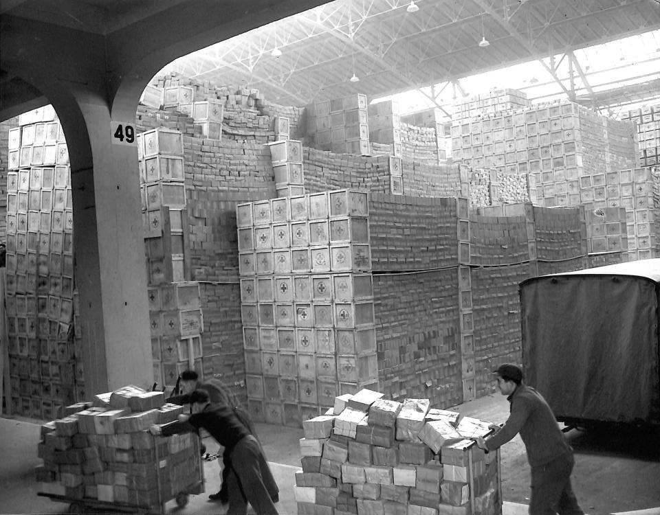 The original black and white version of the warehouse photograph (British Red Cross/PA)