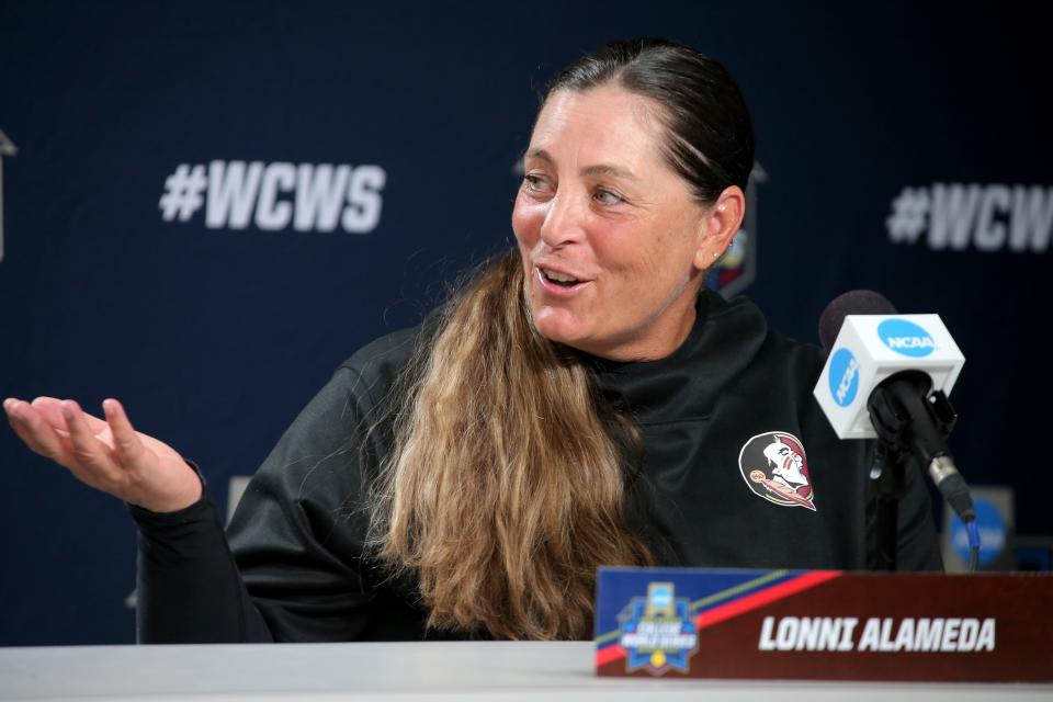 Florida State coach Lonni Alameda speaks speaks during a press conference for the Women's College World Series at USA Softball Hall of Fame Stadium in Oklahoma City, Wednesday, May 31, 2023. 