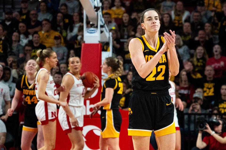 Iowa guard Caitlin Clark (22) reacts to a call against Nebraska during the first quarter at Pinnacle Bank Arena.