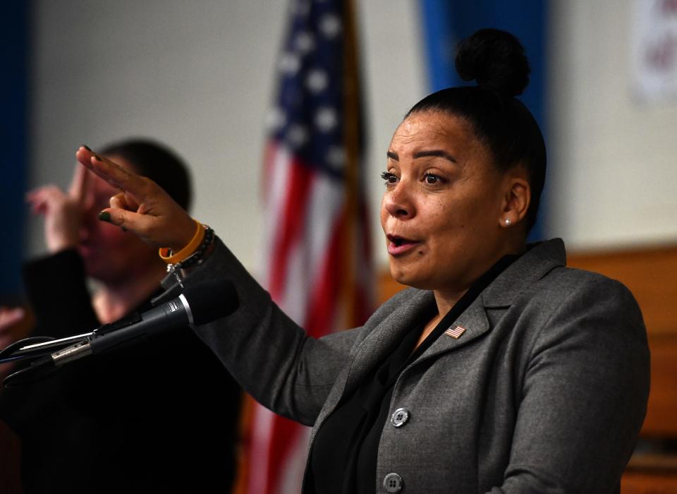 WORCESTER - US Attorney for MA Rachael Rollins speaks during the Reverend Dr. Martin Luther King, Jr. Community Breakfast at Quinsigamond Community College.