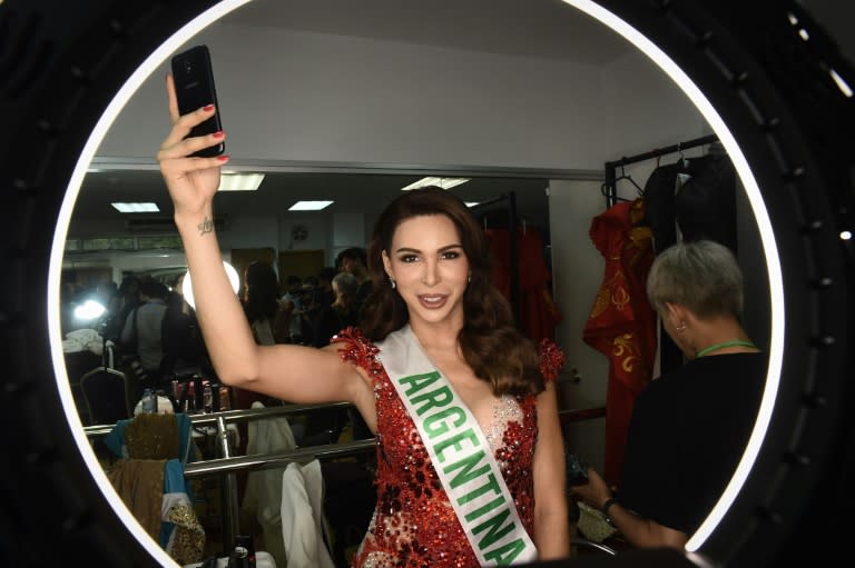 Sofia Solohaga of Argentina poses in the dressing room before the final round of the Miss International Queen 2018 transgender beauty pageant in Pattaya