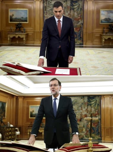Unlike Mariano Rajoy in 2016 (bottom), Pedro Sanchez swore the oath of office without a Bible or crucifix -- the first Spanish prime minister to do so