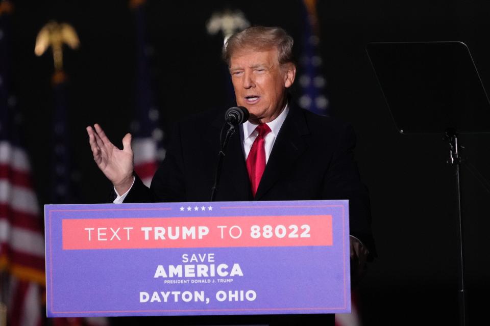 Former President Donald Trump speaks during a rally for then-U.S. Senate candidate J.D. Vance at Dayton International Airport in 2022.