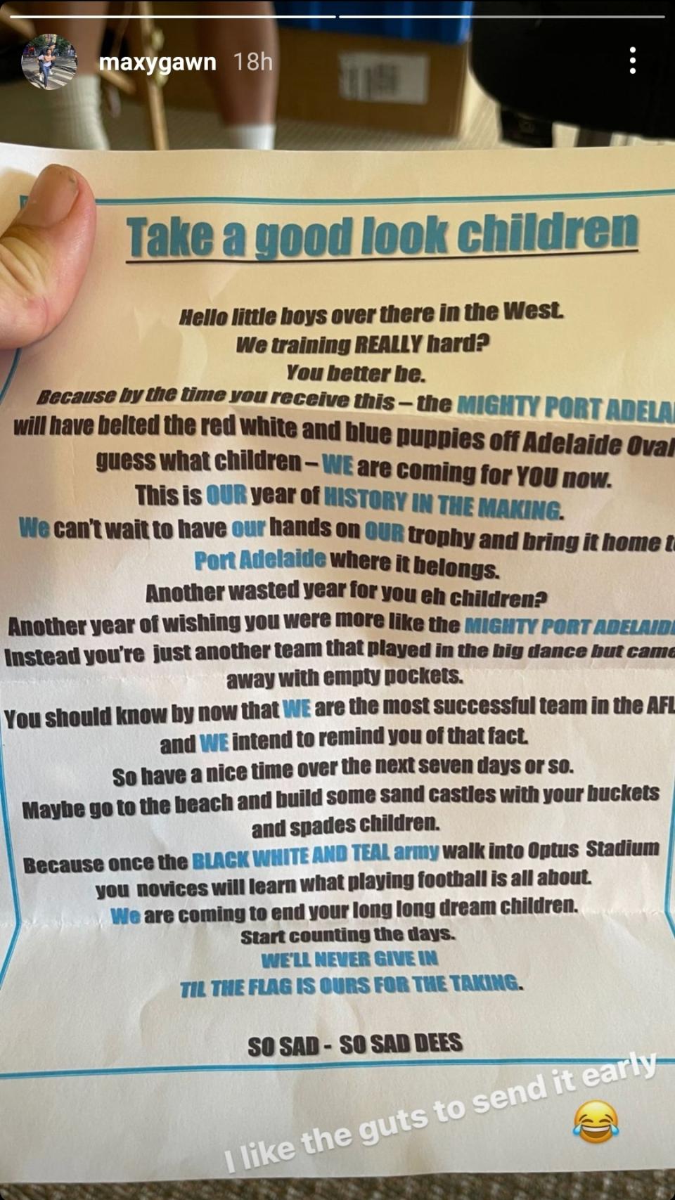 A screenshot of the amusing letter Melbourne's Max Gawn was mailed by a Port Adelaide supporter. Picture: Instagram