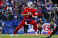 Buffalo Bills quarterback Josh Allen (17) looks to pass during the second half of an NFL football game against the Baltimore Ravens in Orchard Park, N.Y., Sunday, Dec. 8, 2019. (AP Photo/John Munson)