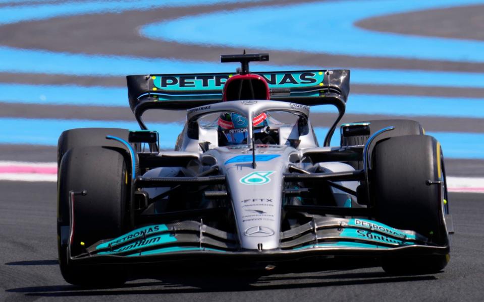 Mercedes driver George Russell of Britain steers his car during the first practice for the French Formula One Grand Prix at Paul Ricard racetrack in Le Castellet, southern France, Friday, July 22, 2022 - AP