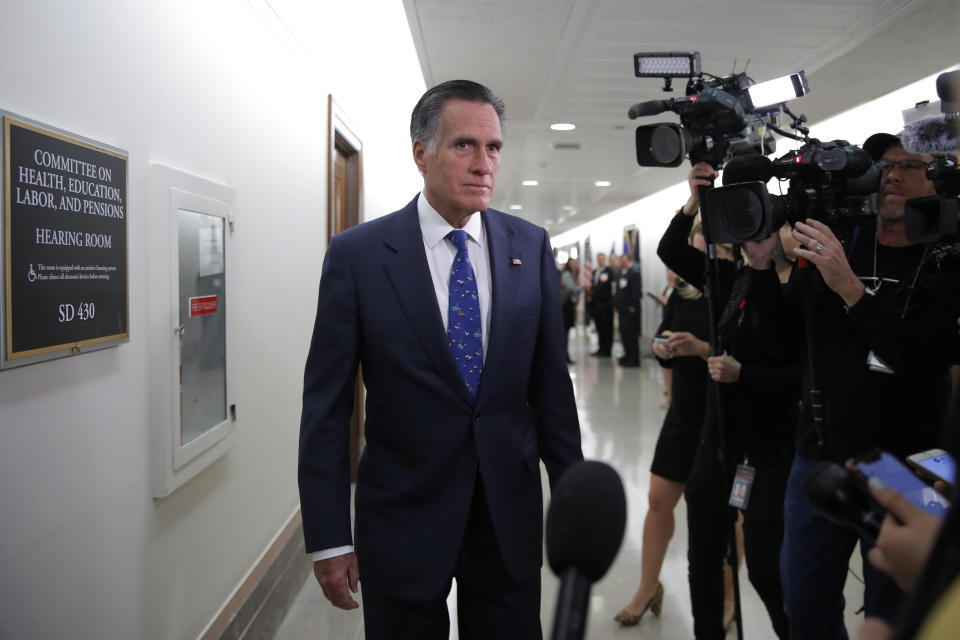 Sen. Mitt Romney (R-Utah) pauses to speak to media before a briefing on the coronavirus outbreak on March, 12, 2020. (Photo: AP Photo/Carolyn Kaster)