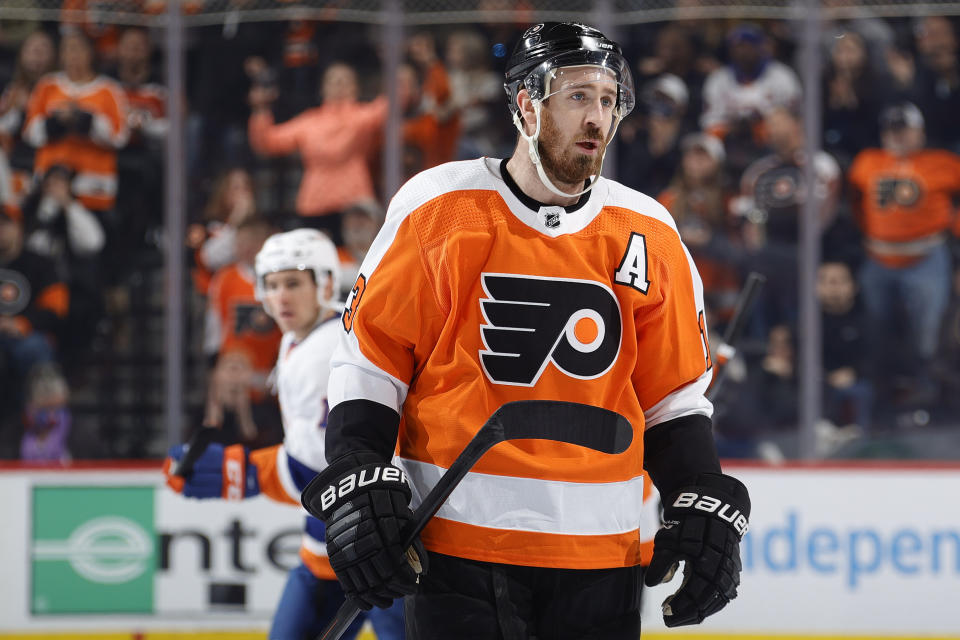 Kevin Hayes #13 of the Philadelphia Flyers is a winner after the NHL trade deadline