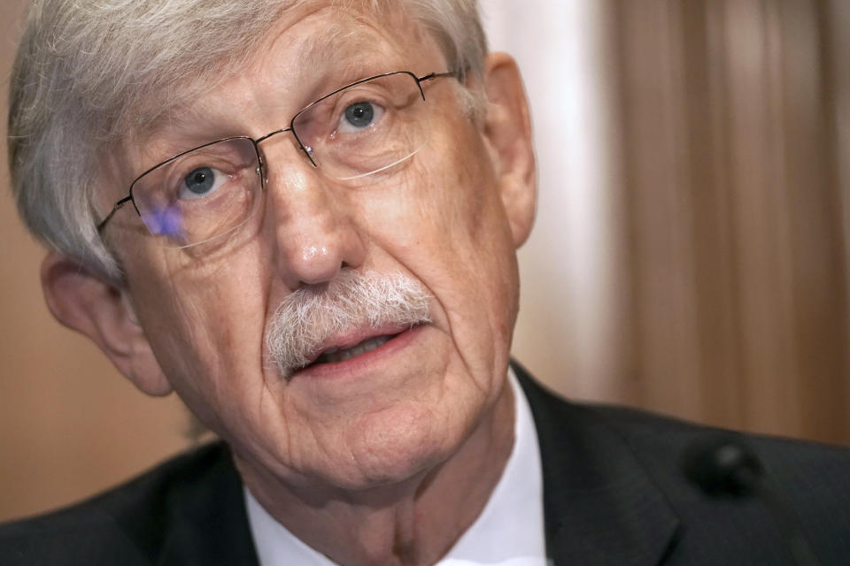 Dr. Francis Collins, Director of the National Institutes of Health, gives an opening statement during a Senate Health, Education, Labor and Pensions Committee hearing to discuss vaccines and protecting public health during the coronavirus pandemic on Capitol Hill, Wednesday, Sept. 9, 2020, in Washington. (Greg Nash/Pool via AP)