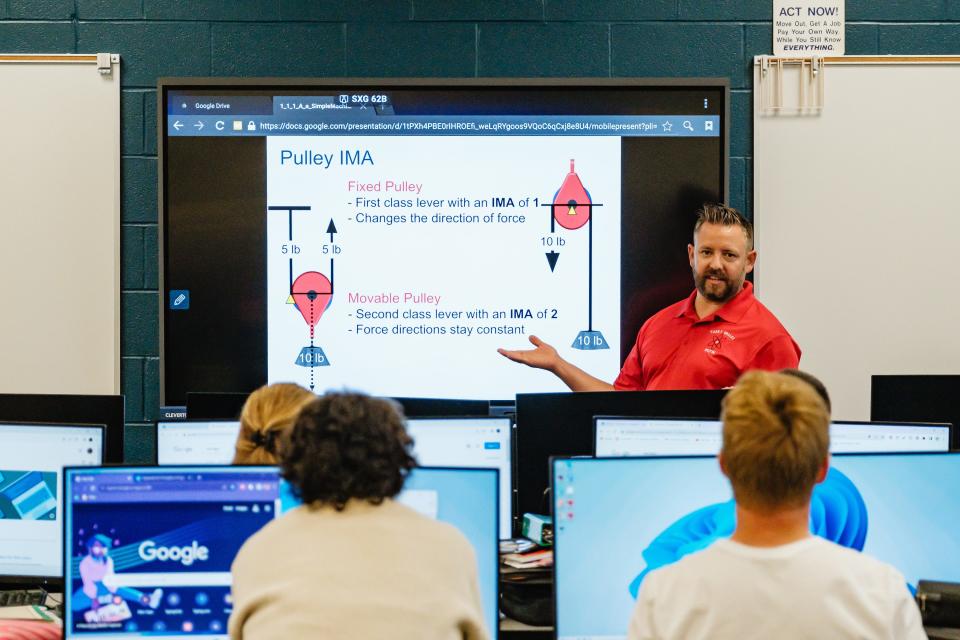 Paul Dunlap teaches a principles of engineering class at the new Tusky Valley Middle-High School, Thursday, September 7 in Zoarville.
