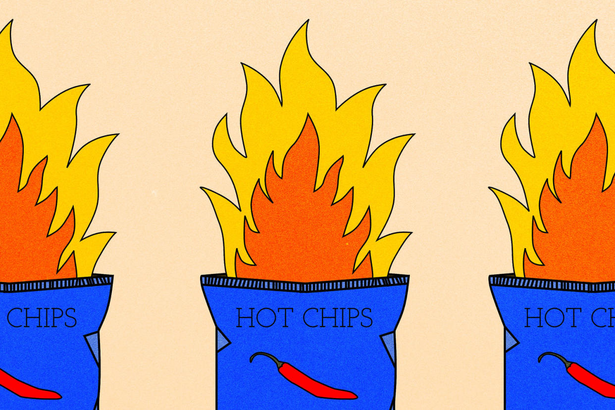 Illustrated chip bags with fire burning within them. (Domenick Fini / NBC News)