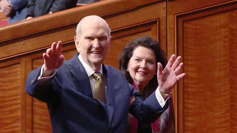 President Russell M. Nelson of The Church of Jesus Christ of Latter-day Saints and his wife Sister Wendy Nelson wave to attendees upon leaving the Conference Center after the 193rd Annual General Conference of The Church of Jesus Christ of Latter-day Saints in Salt Lake City on Sunday, April 2, 2023.