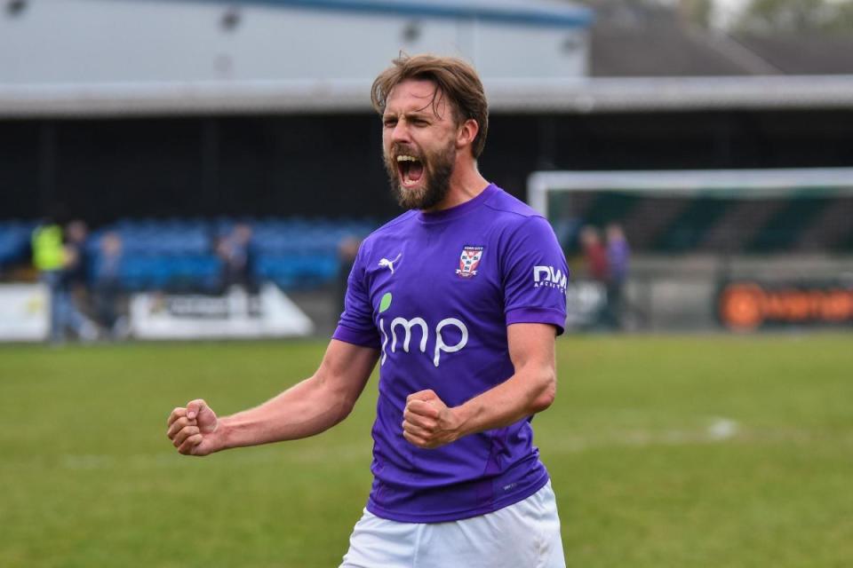 York City's Scott Barrow celebrates as his team beat Farsley Celtic 2-0. Picture: Tom Poole