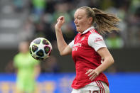 FILE - Arsenal's Frida Maanum controls the ball during the women's Champions League soccer semifinal first leg soccer match between VfL Wolfsburg and Arsenal WFC in Wolfsburg, Germany, Sunday, April 23, 2023. (AP Photo/Martin Meissner, File)