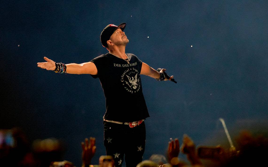 Donnie Wahlberg opens his arms to the crowd as confetti showers on New Kids on the Block in concert on the “Mixtape 2022 Tour” at Raleigh, N.C.’s PNC Arena, Friday night, July 22, 2022.