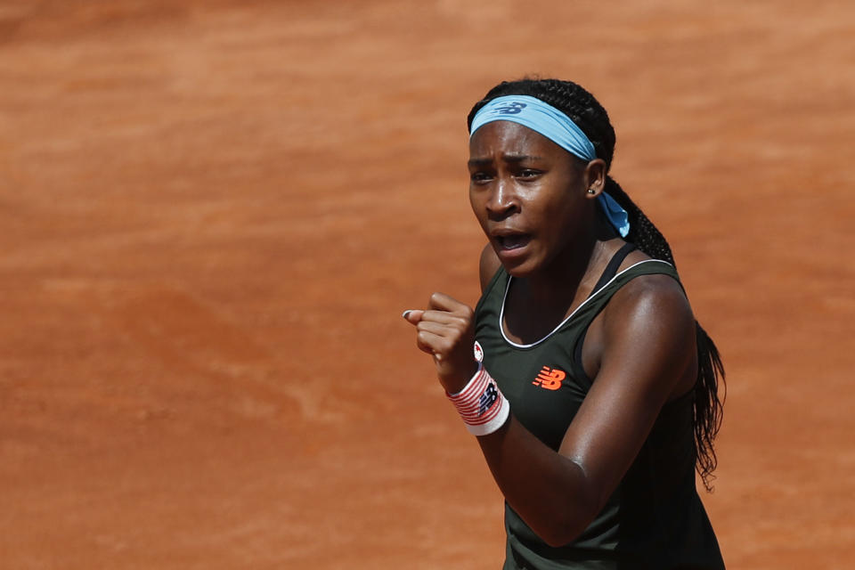 Cori Gauff of the United States reacts after missing a point against Aryna Sabalenka of Belarus during their 3rd round match at the Italian Open tennis tournament, in Rome, Thursday, May 13, 2021. Gauff won 7-5, 6-3. (AP Photo/Alessandra Tarantino)