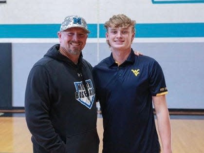 Jackson Ingram, right, with his Miller School coach Billy Wagner. Ingram, a former Buffalo Gap standout, signed to play baseball with West Virginia.
